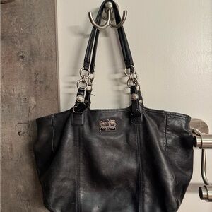 Coach Black Leather Tote with Silver Accents